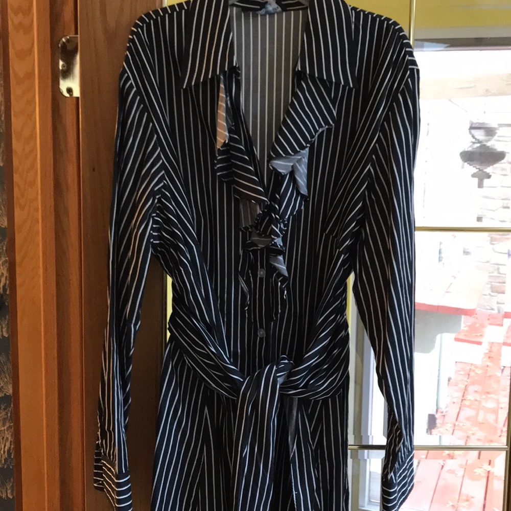 Pinstripe ruffle button down blouse